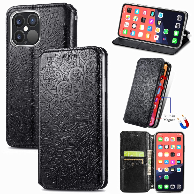 

For iPhone 13 Pro Max Blooming Mandala Embossed Pattern Magnetic Horizontal Flip Leather Case with Holder & Card Slots & Wallet(Black)