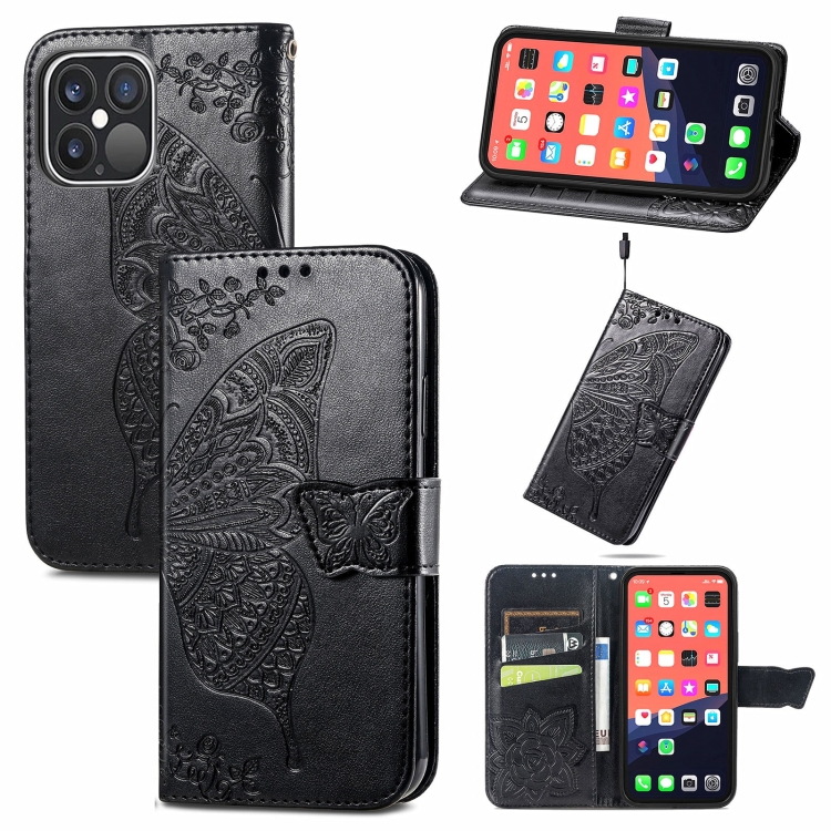 

Butterfly Love Flower Embossed Horizontal Flip Leather Case with Bracket / Card Slot / Wallet / Lanyard For iPhone 13 Pro(Black)
