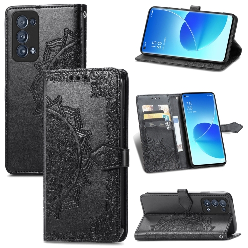 

For OPPO Reno6 Pro+ 5G Mandala Flower Embossed Horizontal Flip Leather Case with Holder & Three Card Slots & Wallet & Lanyard(Black)