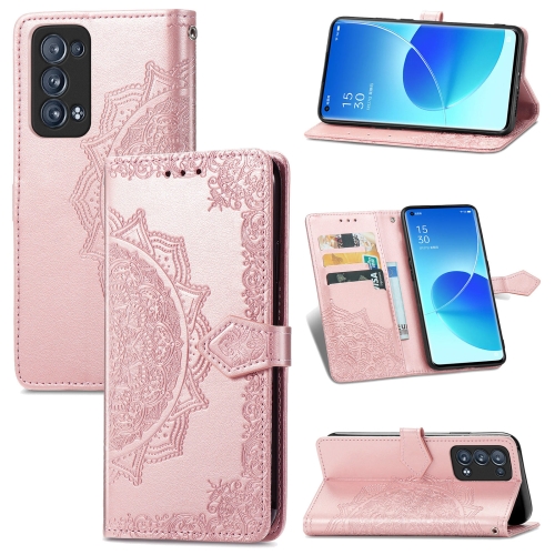 

For OPPO Reno6 Pro+ 5G Mandala Flower Embossed Horizontal Flip Leather Case with Holder & Three Card Slots & Wallet & Lanyard(Rose Gold)