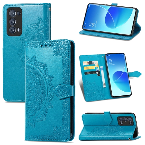 

For OPPO Reno6 Pro+ 5G Mandala Flower Embossed Horizontal Flip Leather Case with Holder & Three Card Slots & Wallet & Lanyard(Blue)