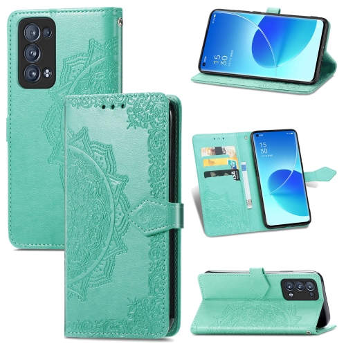 

For OPPO Reno6 Pro+ 5G Mandala Flower Embossed Horizontal Flip Leather Case with Holder & Three Card Slots & Wallet & Lanyard(Green)