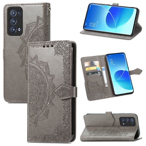 

For OPPO Reno6 Pro+ 5G Mandala Flower Embossed Horizontal Flip Leather Case with Holder & Three Card Slots & Wallet & Lanyard(Grey)