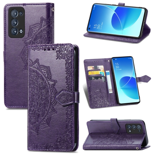 

For OPPO Reno6 Pro+ 5G Mandala Flower Embossed Horizontal Flip Leather Case with Holder & Three Card Slots & Wallet & Lanyard(Purple)