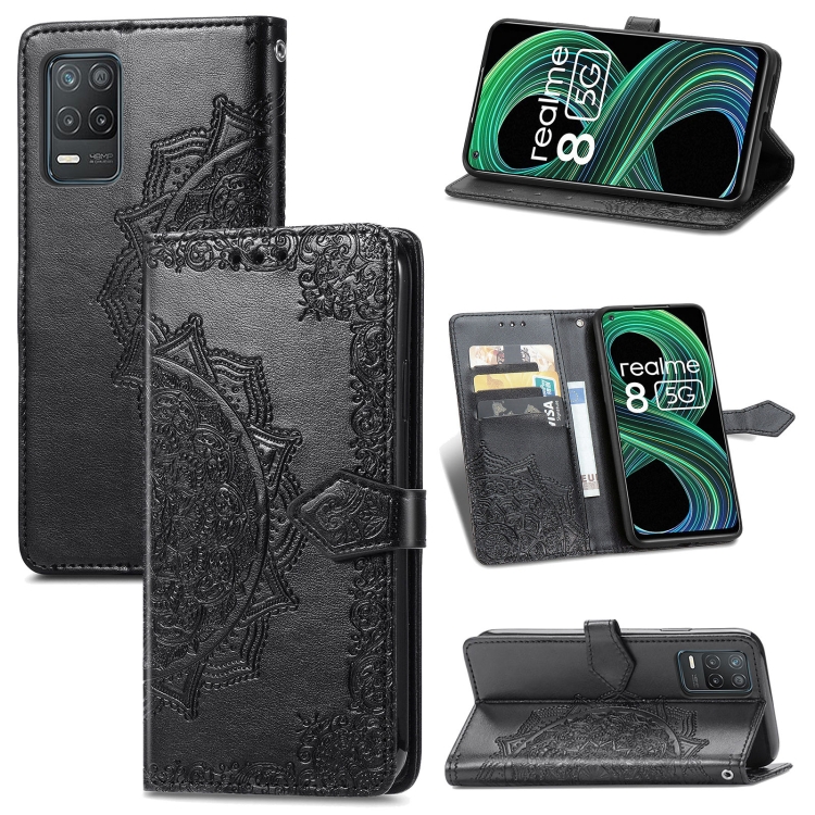 

For OPPO Realme 8 5G Mandala Flower Embossed Horizontal Flip Leather Case with Holder & Three Card Slots & Wallet & Lanyard(Black)