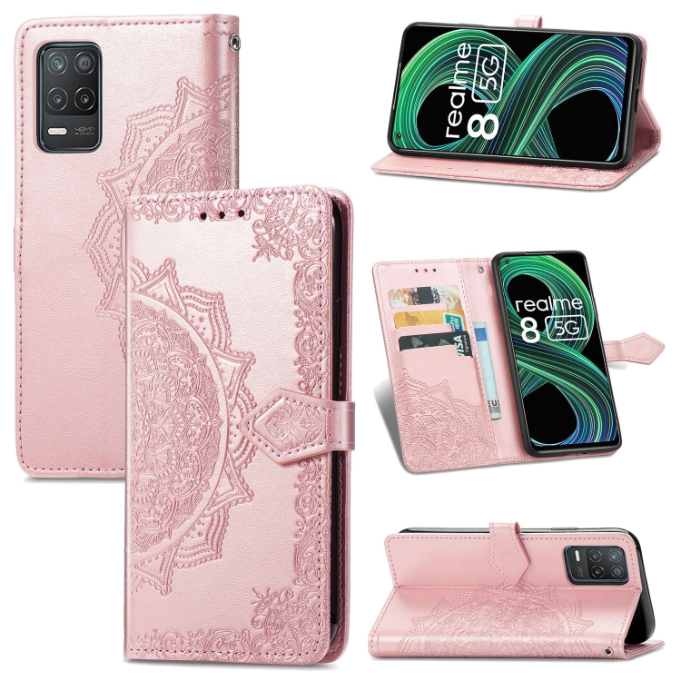 

For OPPO Realme 8 5G Mandala Flower Embossed Horizontal Flip Leather Case with Holder & Three Card Slots & Wallet & Lanyard(Rose Gold)