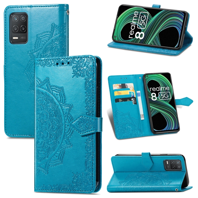 

For OPPO Realme 8 5G Mandala Flower Embossed Horizontal Flip Leather Case with Holder & Three Card Slots & Wallet & Lanyard(Blue)