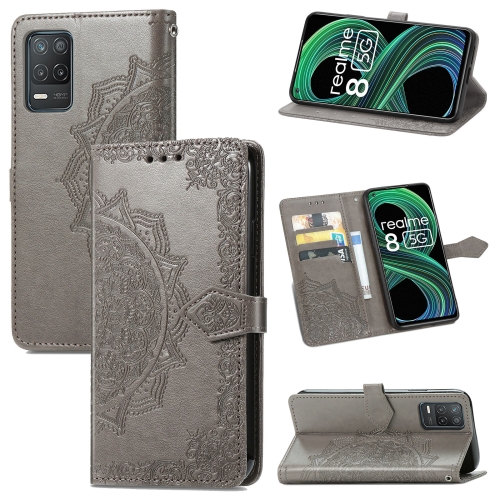 

For OPPO Realme 8 5G Mandala Flower Embossed Horizontal Flip Leather Case with Holder & Three Card Slots & Wallet & Lanyard(Grey)