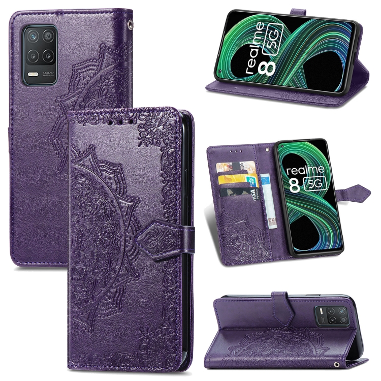 

For OPPO Realme 8 5G Mandala Flower Embossed Horizontal Flip Leather Case with Holder & Three Card Slots & Wallet & Lanyard(Purple)