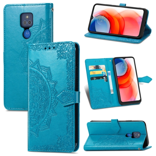 

For Motorola Moto G Play 2021 Mandala Flower Embossed Horizontal Flip Leather Case with Holder & Three Card Slots & Wallet & Lanyard(Blue)