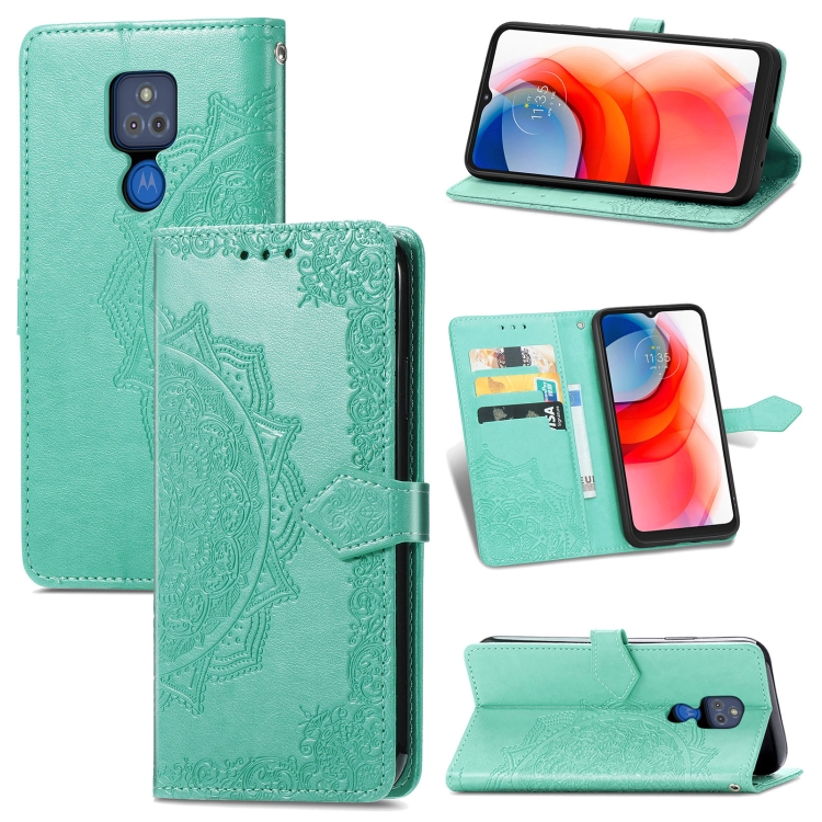 

For Motorola Moto G Play 2021 Mandala Flower Embossed Horizontal Flip Leather Case with Holder & Three Card Slots & Wallet & Lanyard(Green)