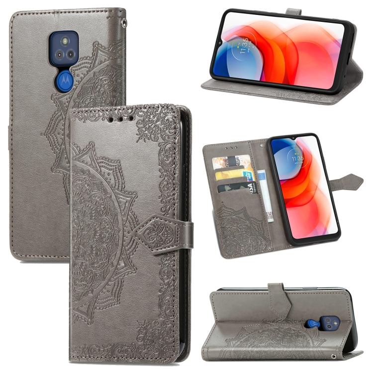

For Motorola Moto G Play 2021 Mandala Flower Embossed Horizontal Flip Leather Case with Holder & Three Card Slots & Wallet & Lanyard(Grey)
