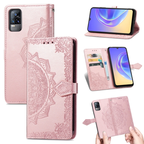 

For vivo V21e 4G Mandala Flower Embossed Horizontal Flip Leather Case with Holder & Three Card Slots & Wallet & Lanyard(Rose Gold)