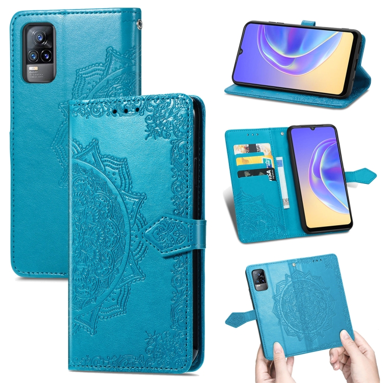 

For vivo V21e 4G Mandala Flower Embossed Horizontal Flip Leather Case with Holder & Three Card Slots & Wallet & Lanyard(Blue)