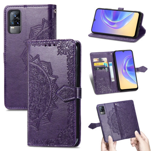 

For vivo V21e 4G Mandala Flower Embossed Horizontal Flip Leather Case with Holder & Three Card Slots & Wallet & Lanyard(Purple)