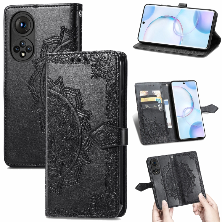 

For Honor 50 Mandala Flower Embossed Horizontal Flip Leather Case with Holder & Three Card Slots & Wallet & Lanyard(Black)