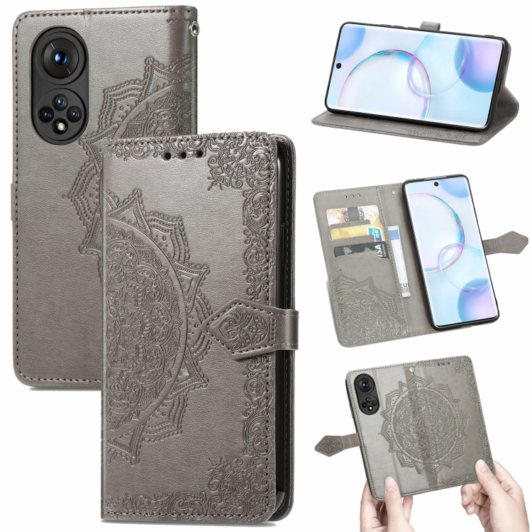 

For Honor 50 Mandala Flower Embossed Horizontal Flip Leather Case with Holder & Three Card Slots & Wallet & Lanyard(Grey)