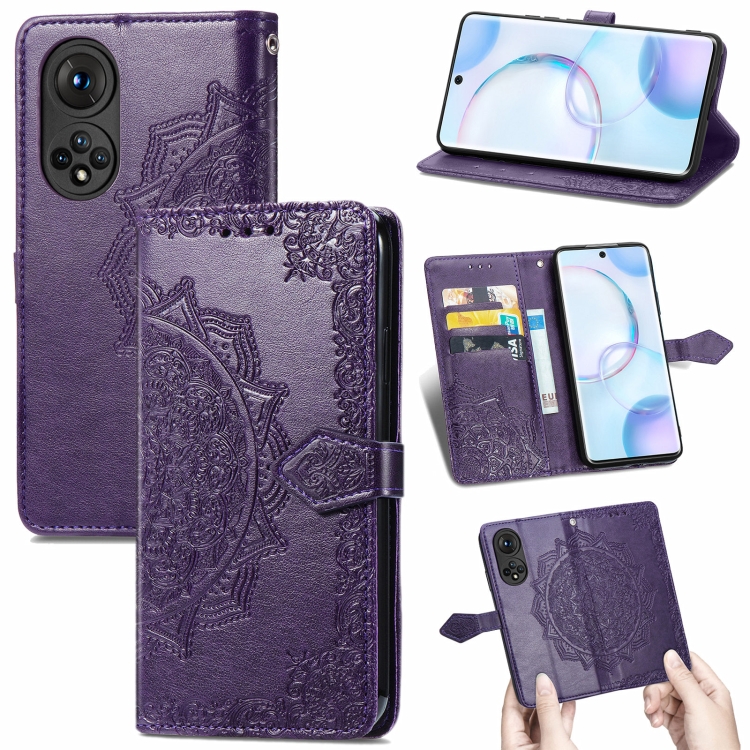 

For Honor 50 Mandala Flower Embossed Horizontal Flip Leather Case with Holder & Three Card Slots & Wallet & Lanyard(Purple)