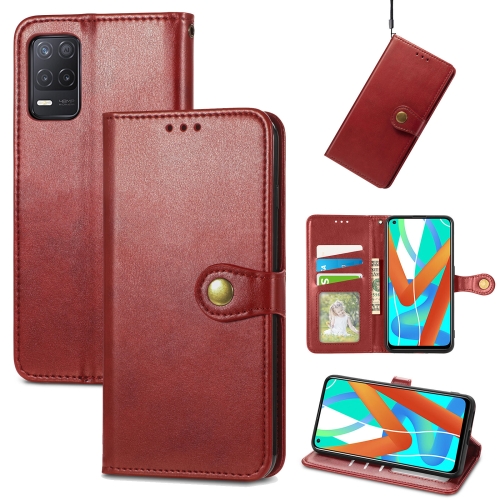 

For OPPO Realme V13 Solid Color Leather Buckle Phone Case with Lanyard & Photo Frame & Card Slot & Wallet & Stand Function(Red)