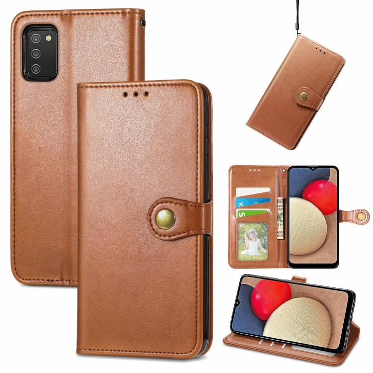 

For Samsung Galaxy A03s 164mm Solid Color Leather Buckle Phone Case with Lanyard & Photo Frame & Card Slot & Wallet & Stand Function(Brown)