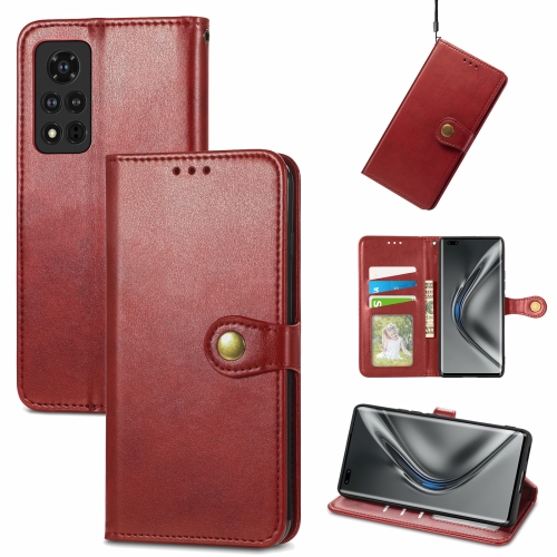 

For Honor V40 5G Solid Color Leather Buckle Phone Case with Lanyard & Photo Frame & Card Slot & Wallet & Stand Function(Red)