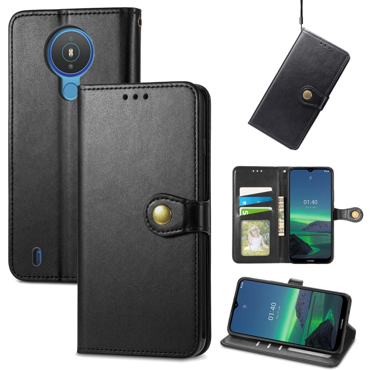

For Nokia 1.4 Solid Color Leather Buckle Phone Case with Lanyard & Photo Frame & Card Slot & Wallet & Stand Function(Black)
