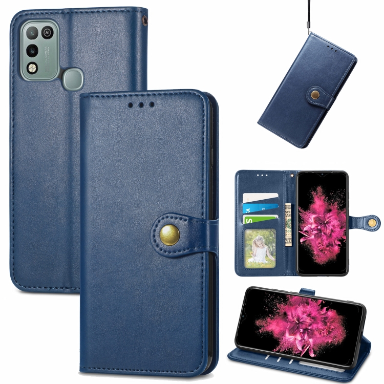 

For Infinix Hot 10 Play Solid Color Leather Buckle Phone Case with Lanyard & Photo Frame & Card Slot & Wallet & Stand Function(Blue)