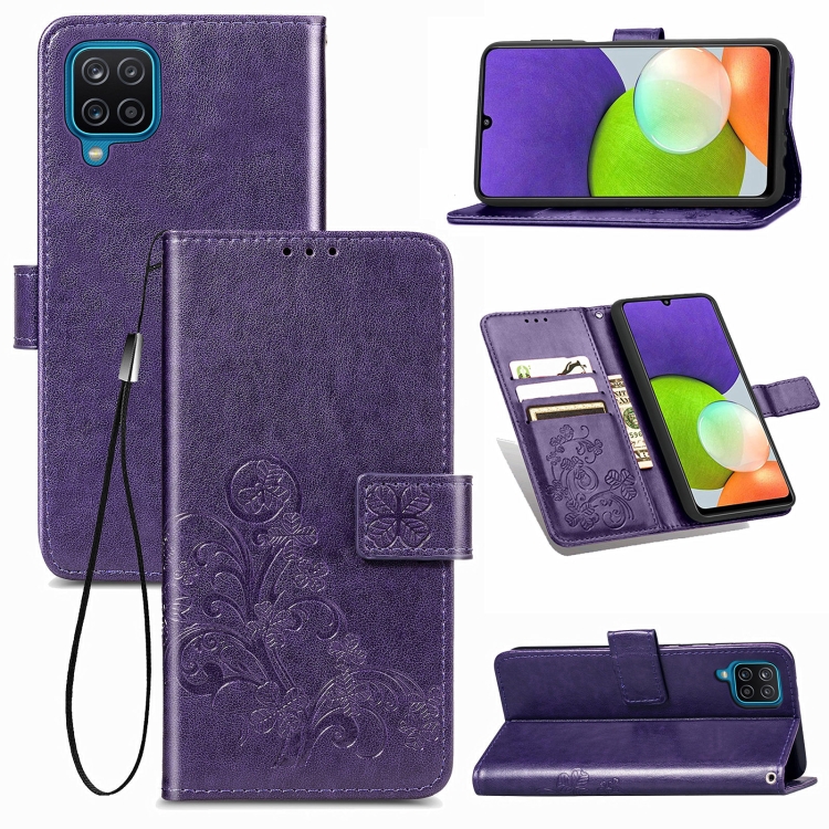

For Samsung Galaxy A22 4G Four-leaf Clasp Embossed Buckle Mobile Phone Protection Leather Case with Lanyard & Card Slot & Wallet & Bracket Function(Purple)