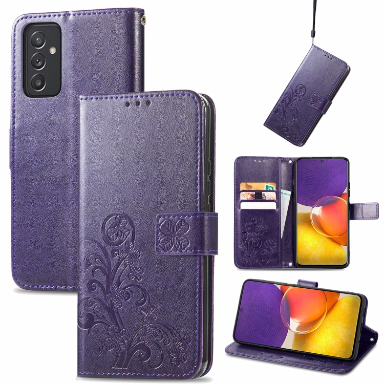 

For Samsung Galaxy A82 5G Four-leaf Clasp Embossed Buckle Mobile Phone Protection Leather Case with Lanyard & Card Slot & Wallet & Bracket Function(Purple)