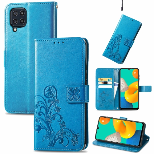 

For Samsung Galaxy M32 Four-leaf Clasp Embossed Buckle Mobile Phone Protection Leather Case with Lanyard & Card Slot & Wallet & Bracket Function(Blue)