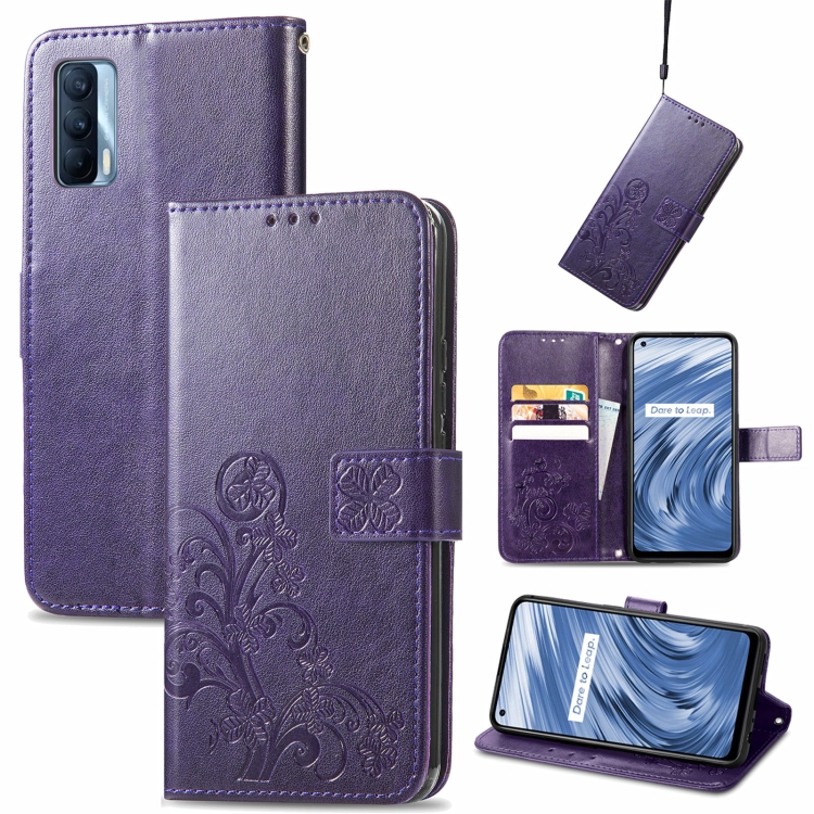 

For OPPO Realme V15 5G Four-leaf Clasp Embossed Buckle Mobile Phone Protection Leather Case with Lanyard & Card Slot & Wallet & Bracket Function(Purple)