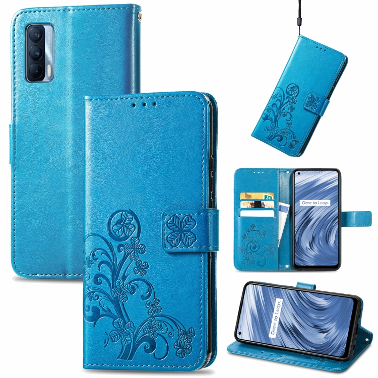 

For OPPO Realme V15 5G Four-leaf Clasp Embossed Buckle Mobile Phone Protection Leather Case with Lanyard & Card Slot & Wallet & Bracket Function(Blue)