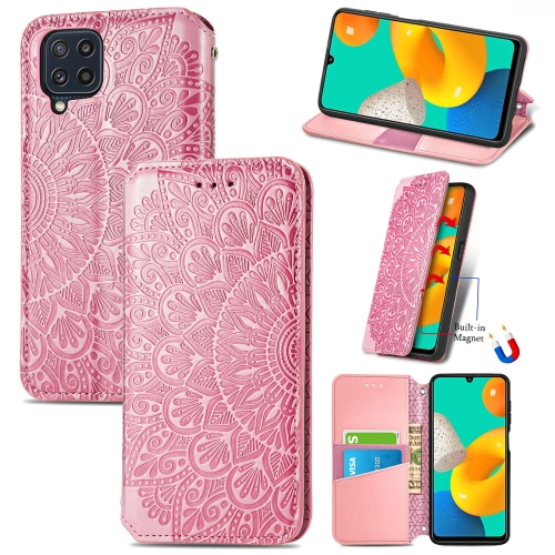 

For Galaxy A22 4G Blooming Mandala Embossed Pattern Magnetic Horizontal Flip Leather Case with Holder & Card Slots & Wallet(Pink)