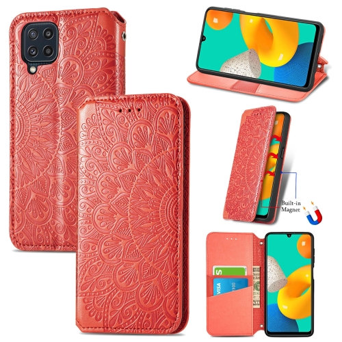 

For Galaxy A22 4G Blooming Mandala Embossed Pattern Magnetic Horizontal Flip Leather Case with Holder & Card Slots & Wallet(Red)