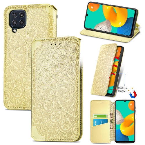 

For Galaxy A22 4G Blooming Mandala Embossed Pattern Magnetic Horizontal Flip Leather Case with Holder & Card Slots & Wallet(Yellow)