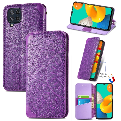 

For Galaxy A22 4G Blooming Mandala Embossed Pattern Magnetic Horizontal Flip Leather Case with Holder & Card Slots & Wallet(Purple)