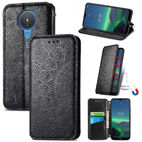 

For Nokia 1.4 Blooming Mandala Embossed Pattern Magnetic Horizontal Flip Leather Case with Holder & Card Slots & Wallet(Black)