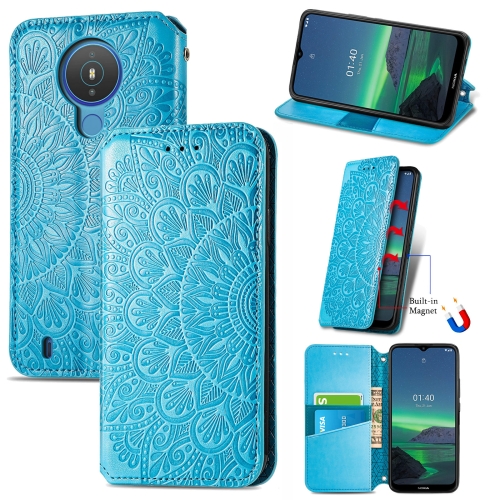 

For Nokia 1.4 Blooming Mandala Embossed Pattern Magnetic Horizontal Flip Leather Case with Holder & Card Slots & Wallet(Blue)