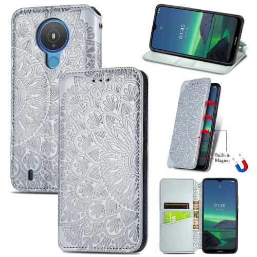 

For Nokia 1.4 Blooming Mandala Embossed Pattern Magnetic Horizontal Flip Leather Case with Holder & Card Slots & Wallet(Gray)