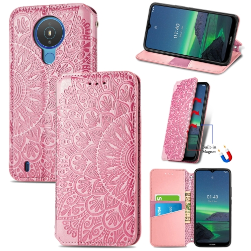 

For Nokia 1.4 Blooming Mandala Embossed Pattern Magnetic Horizontal Flip Leather Case with Holder & Card Slots & Wallet(Pink)