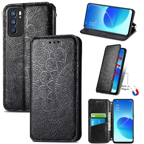 

For OPPO Reno6 5G Blooming Mandala Embossed Pattern Magnetic Horizontal Flip Leather Case with Holder & Card Slots & Wallet(Black)