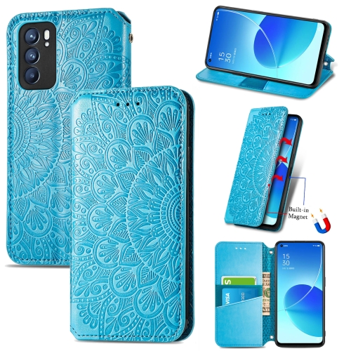 

For OPPO Reno6 5G Blooming Mandala Embossed Pattern Magnetic Horizontal Flip Leather Case with Holder & Card Slots & Wallet(Blue)