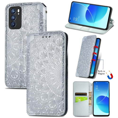 

For OPPO Reno6 5G Blooming Mandala Embossed Pattern Magnetic Horizontal Flip Leather Case with Holder & Card Slots & Wallet(Gray)