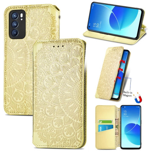 

For OPPO Reno6 5G Blooming Mandala Embossed Pattern Magnetic Horizontal Flip Leather Case with Holder & Card Slots & Wallet(Yellow)