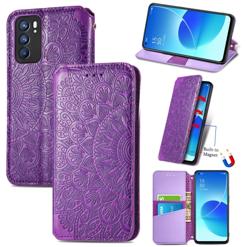 

For OPPO Reno6 5G Blooming Mandala Embossed Pattern Magnetic Horizontal Flip Leather Case with Holder & Card Slots & Wallet(Purple)