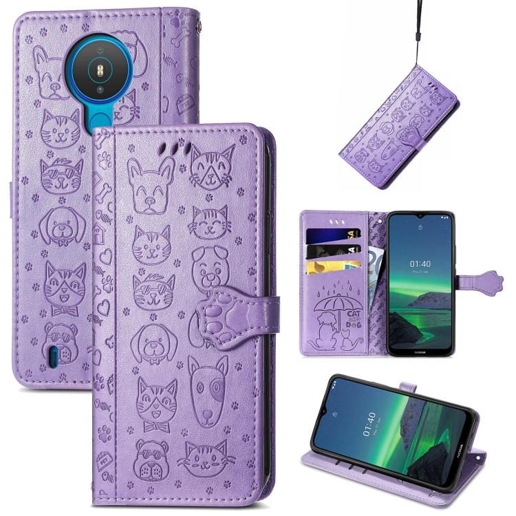

For Nokia 1.4 Cute Cat and Dog Embossed Horizontal Flip Leather Case with Holder & Card Slots & Wallet & Lanyard(Purple)
