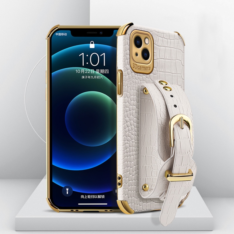 

Electroplated TPU Crocodile Pattern Leather Case with Wrist Strap For iPhone 13 Pro Max(White)