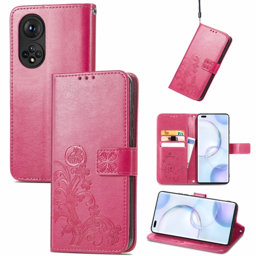 

For Honor 50 Pro Four-leaf Clasp Embossed Buckle Mobile Phone Protection Leather Case with Lanyard & Card Slot & Wallet & Bracket Function(Magenta)
