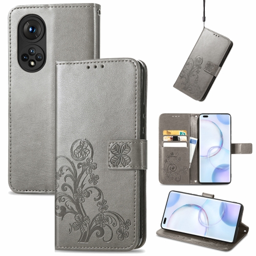 

For Honor 50 Pro Four-leaf Clasp Embossed Buckle Mobile Phone Protection Leather Case with Lanyard & Card Slot & Wallet & Bracket Function(Gray)