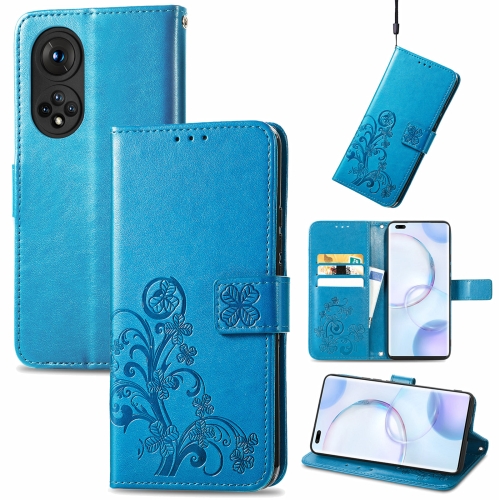 

For Honor 50 Pro Four-leaf Clasp Embossed Buckle Mobile Phone Protection Leather Case with Lanyard & Card Slot & Wallet & Bracket Function(Blue)